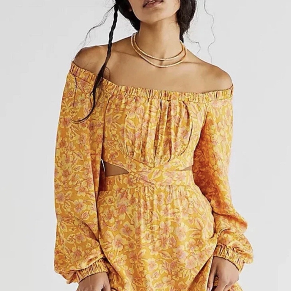 FREE PEOPLE Jael Printed Floral Boho Mini Dress Long Sleeve Small NWT